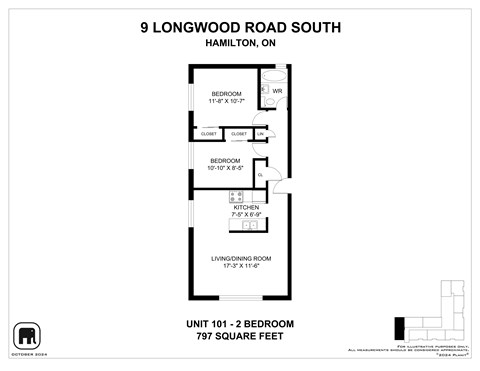 A floor plan for a 2 bedroom apartment at 9 Longwood Road South, Hamilton, Ontario.